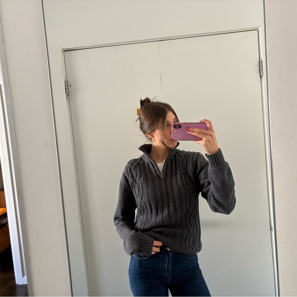 Le Chateau 100% Cotton Dark Gray Cable Knit Quarter Zip Sweater